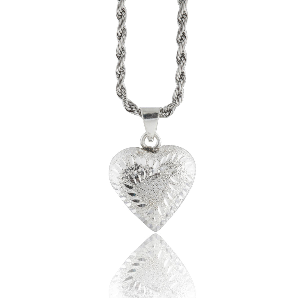 Collar Corazón Llamador de Ángeles en Baño de Plata con Cadena de Acero Inoxidable