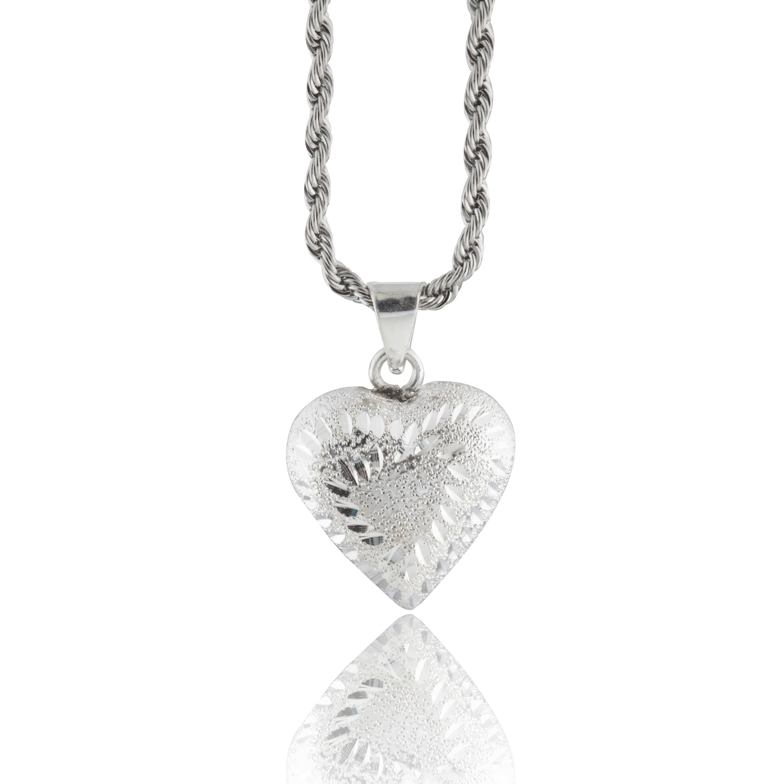 Collar Corazón Llamador de Ángeles en Baño de Plata con Cadena de Acero Inoxidable