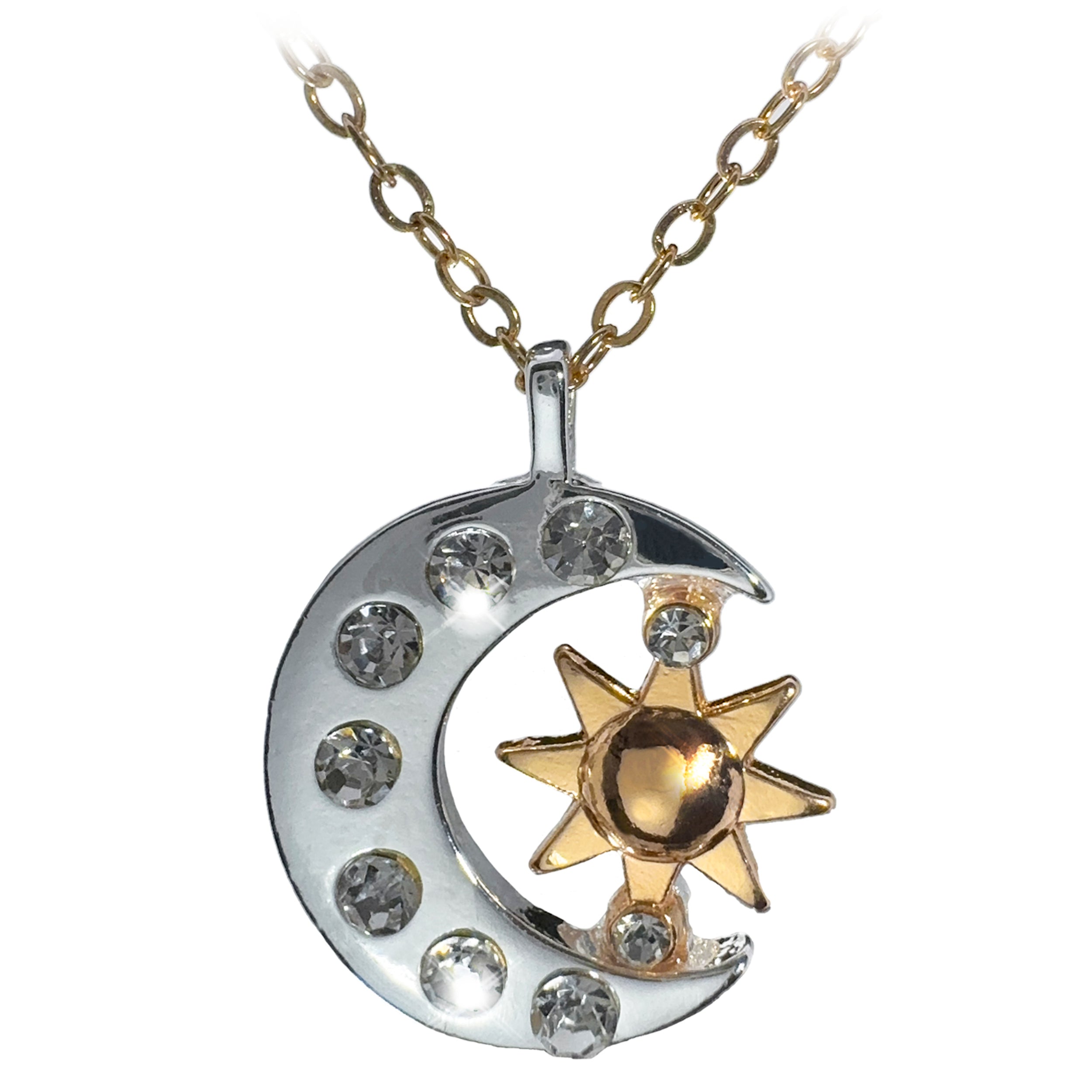 Collar Eclipse de Sol, Luna y Estrellas Plateado con Dorados y Zirconias