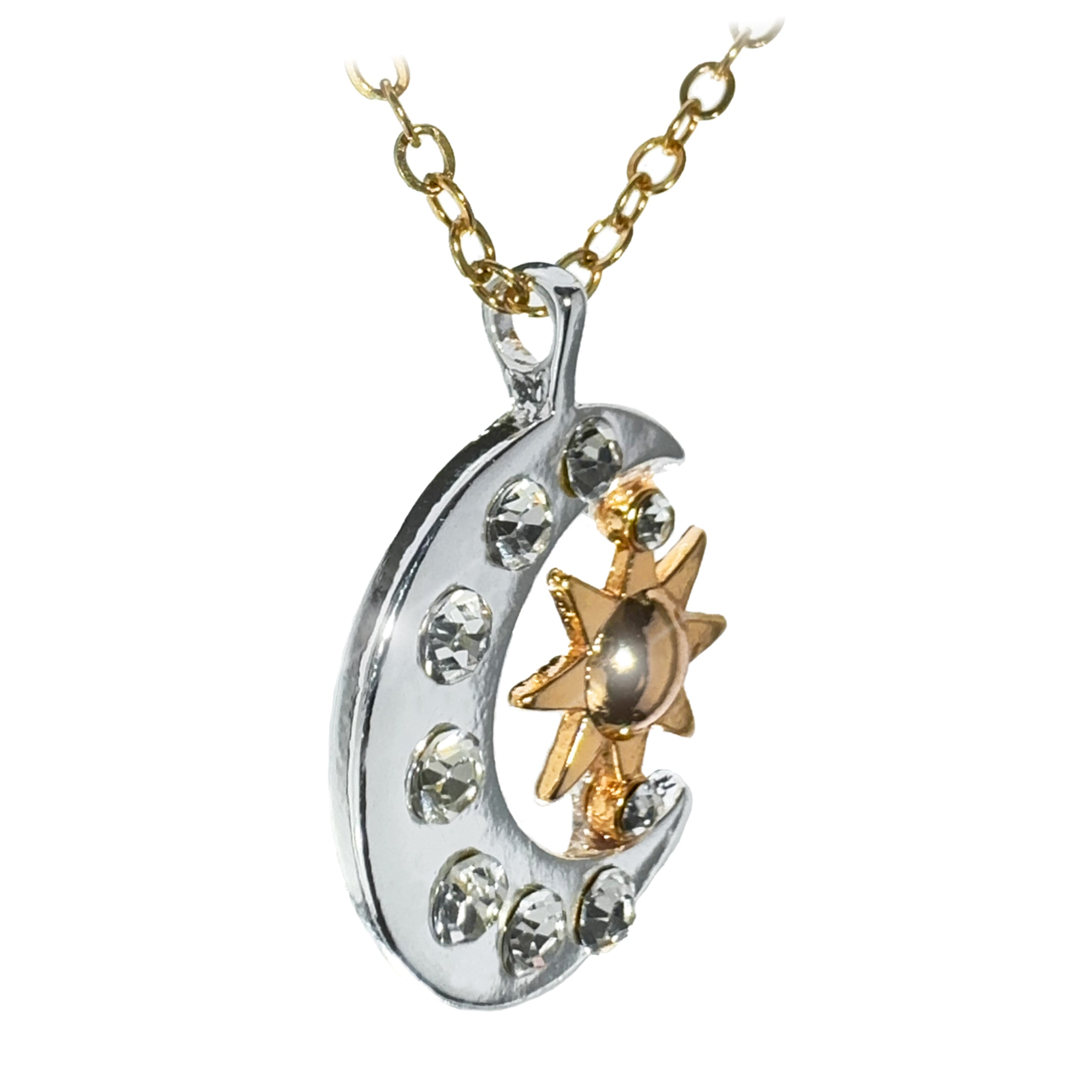 Collar Eclipse de Sol, Luna y Estrellas Plateado con Dorados y Zirconias