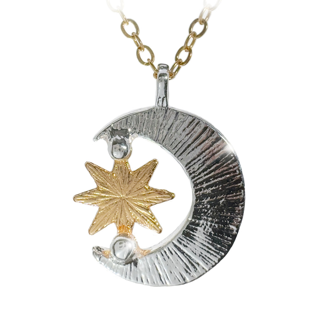 Collar Eclipse de Sol, Luna y Estrellas Plateado con Dorados y Zirconias