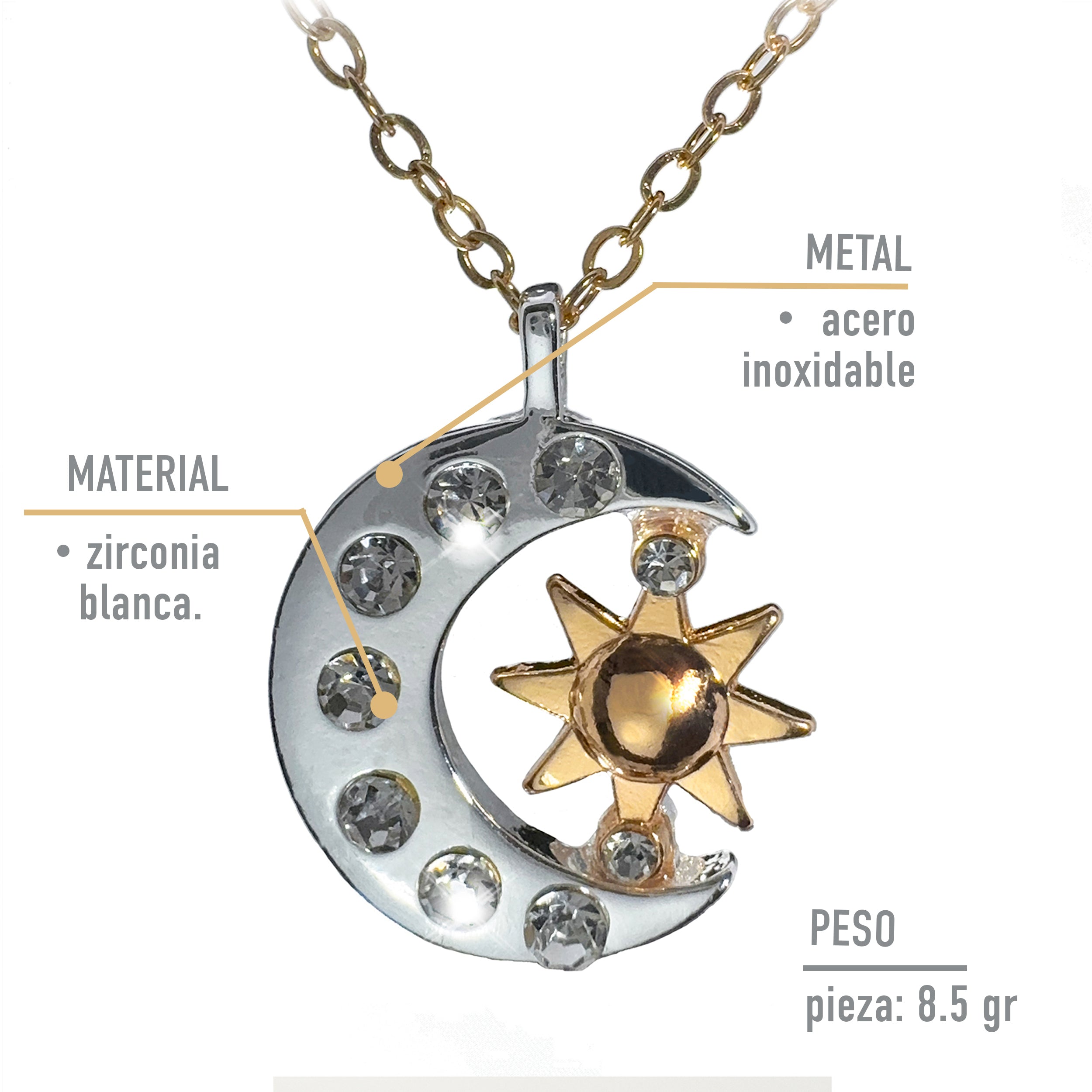 Collar Eclipse de Sol, Luna y Estrellas Plateado con Dorados y Zirconias