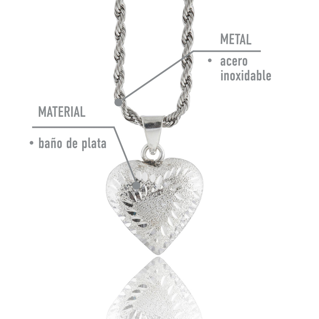 Collar Corazón Llamador de Ángeles en Baño de Plata con Cadena de Acero Inoxidable