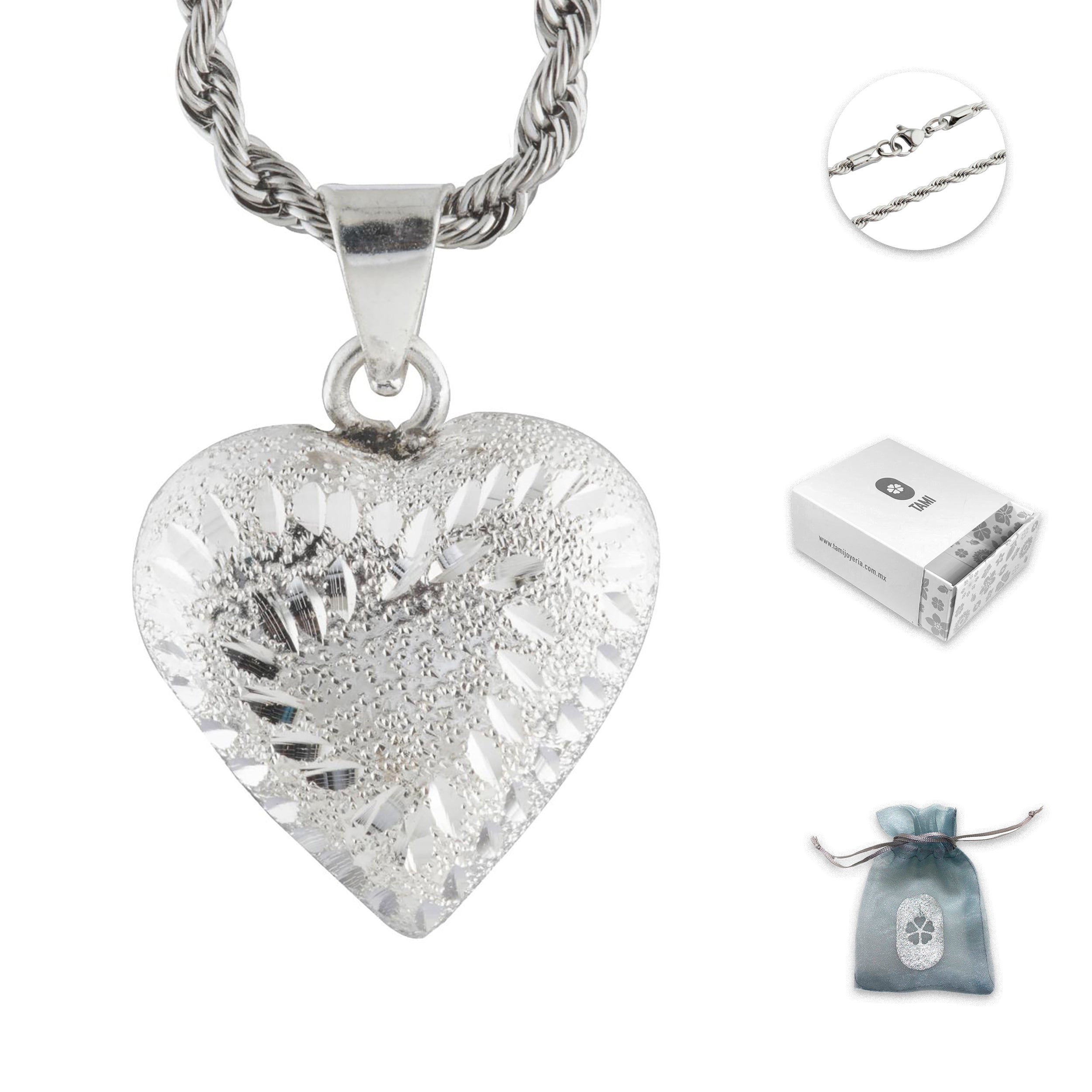 Collar Corazón Llamador de Ángeles en Baño de Plata con Cadena de Acero Inoxidable