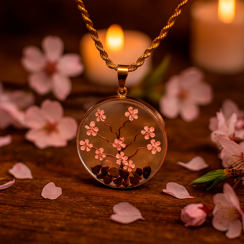Collar Árbol de Cerezo Rosa en Baño de Oro de 14 K con Piedras de Ojo de Tigre y Flores Naturales
