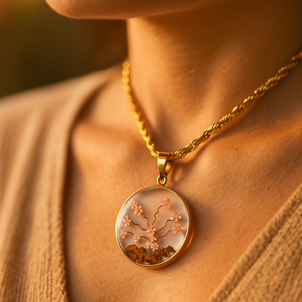 Collar Árbol de Cerezo Rosa en Baño de Oro de 14 K con Piedras de Ojo de Tigre y Flores Naturales