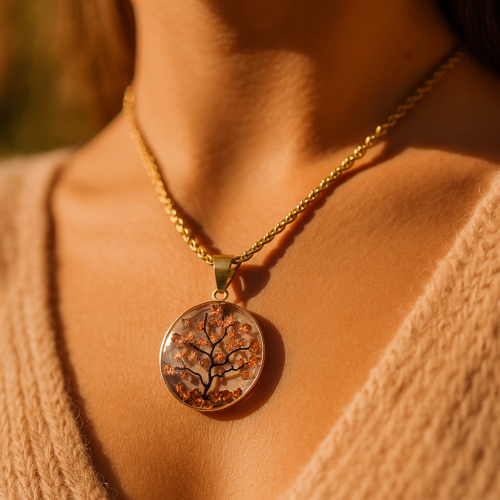 Collar Árbol de la Vida y la Abundancia en Baño de Oro de 14K con Piedras de Ojo de Tigre y Papel de Cobre