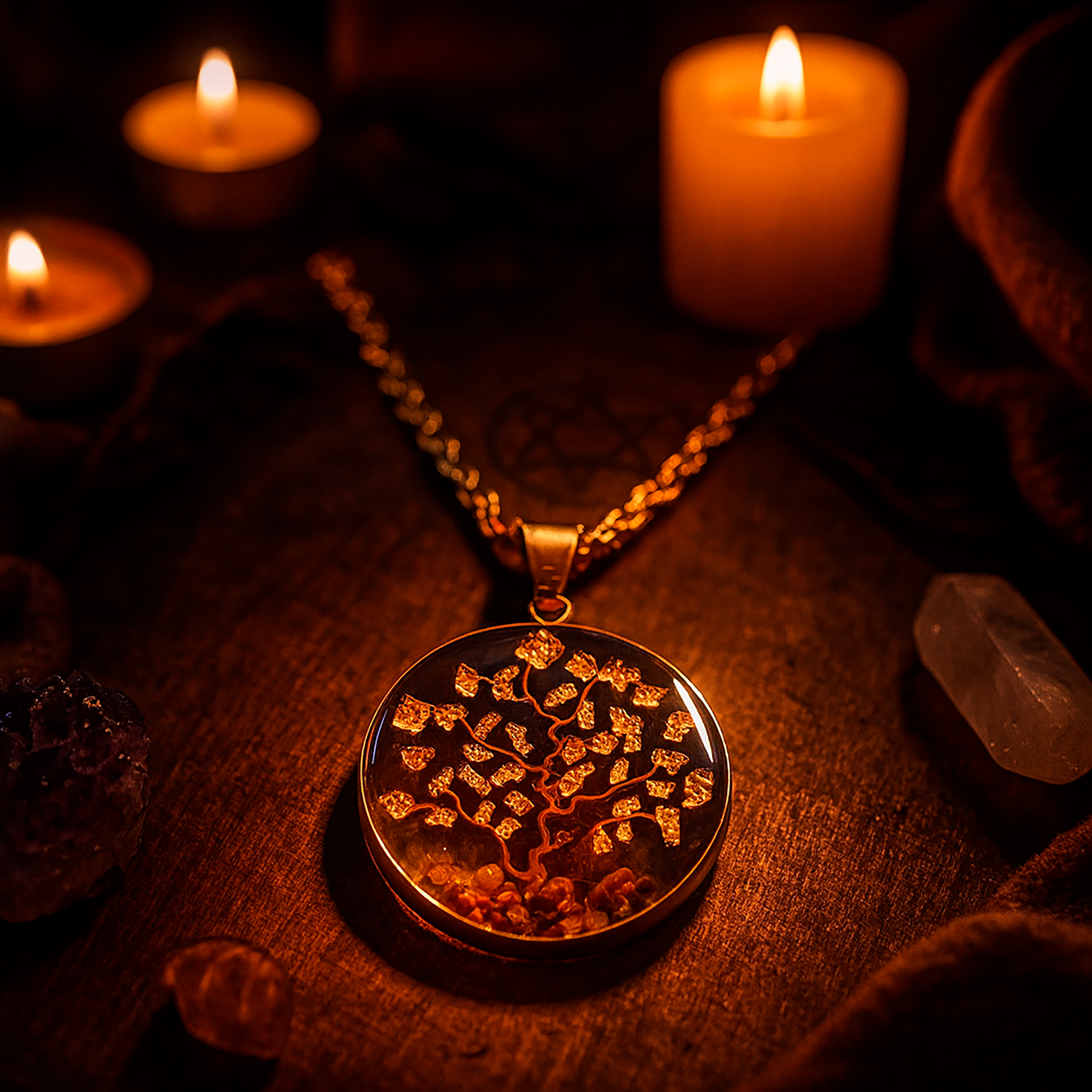 Collar Árbol de la Vida y la Abundancia en Baño de Oro de 14K con Piedras de Ojo de Tigre y Papel de Cobre