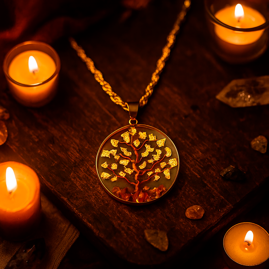 Collar Árbol de la Vida y la Abundancia en Baño de Oro de 14 K con Piedras Naturales y Papel de Oro