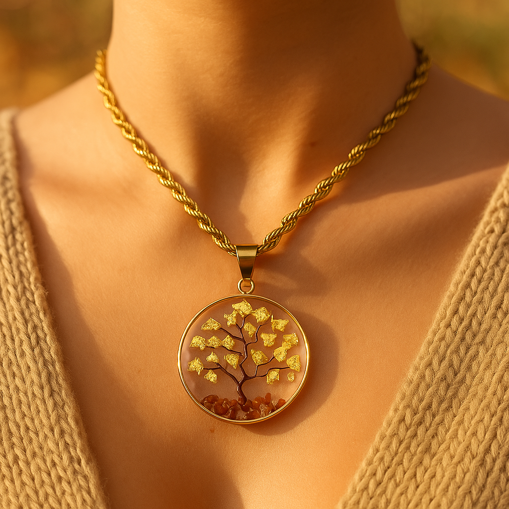 Collar Árbol de la Vida y la Abundancia en Baño de Oro de 14 K con Piedras Naturales y Papel de Oro