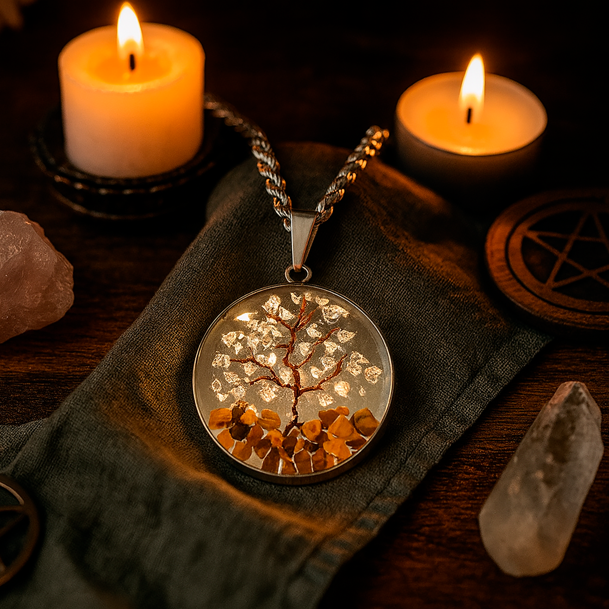 Collar Árbol de la Abundancia en Plata con Papel de Plata y Piedras Naturales de Ojo de Tigre