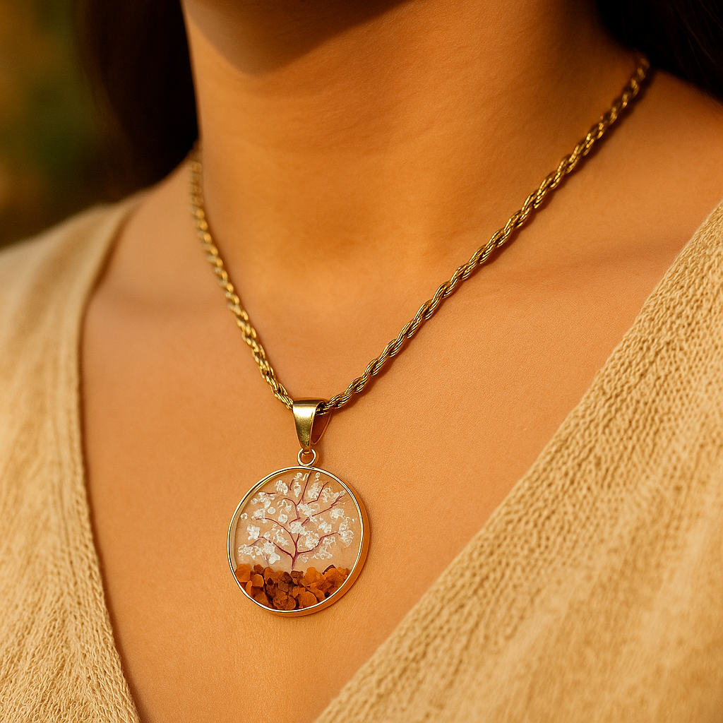 Collar Árbol de la Abundancia en Plata con Papel de Plata y Piedras Naturales de Ojo de Tigre