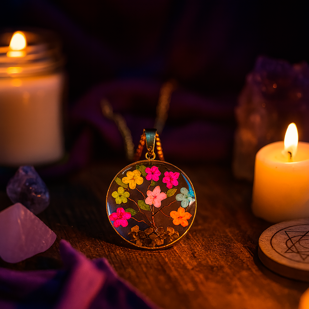 Collar Árbol de la Vida en Baño de Oro 14K con Flores de Sáuco, Piedras Naturales de Ojo de Tigre y Cadena de Acero Inoxidable