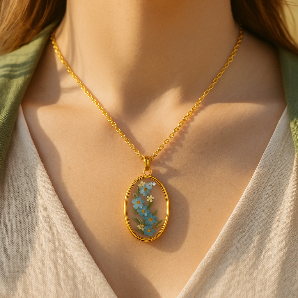 Collar de Acero Inoxidable Dorado con Flores de No me olvides y Zirconias Blancas