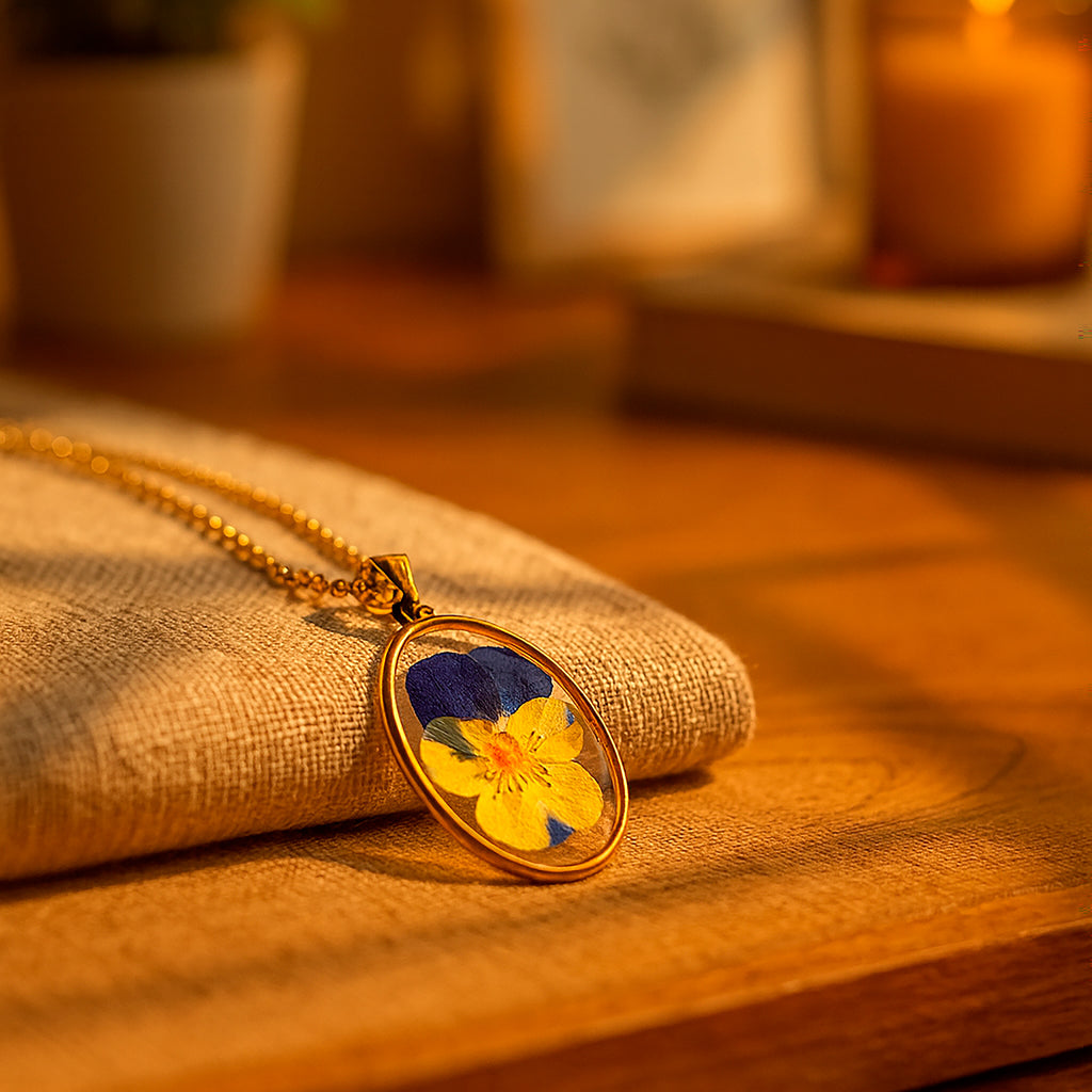 Collar con Flor de Pensamiento y Zirconias con Cadena de Acero Inoxidable.