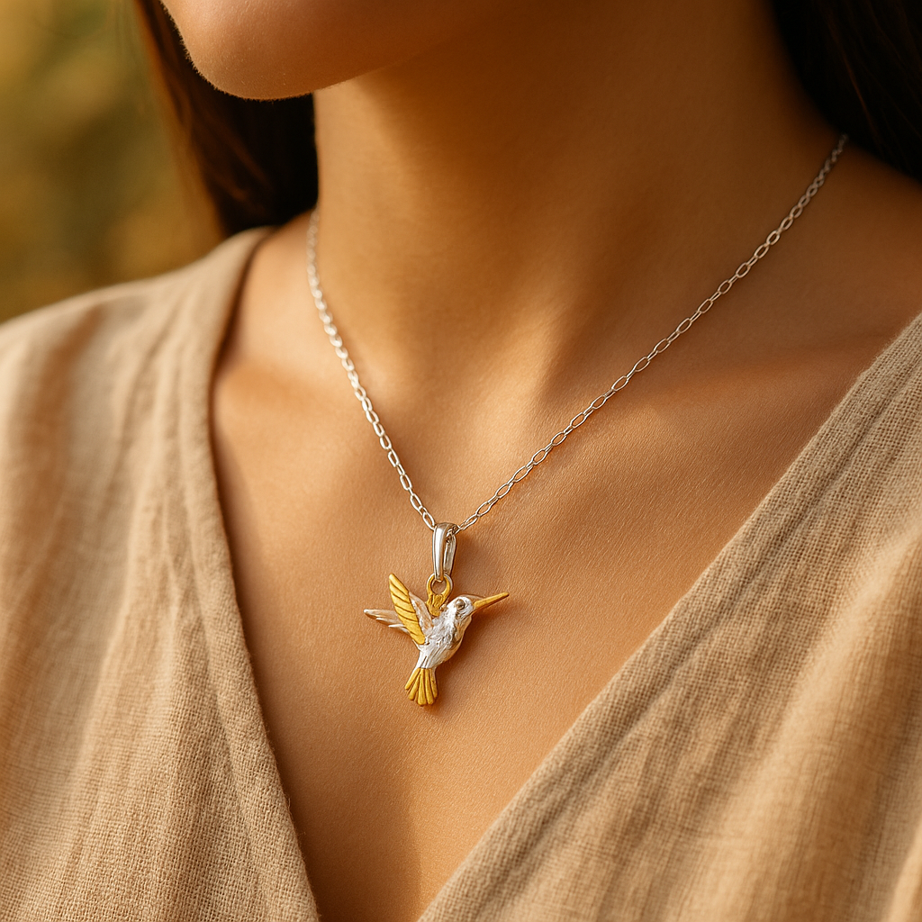 Collar de Colibrí en Plata 925 y Puntas con Baño de Oro 24K