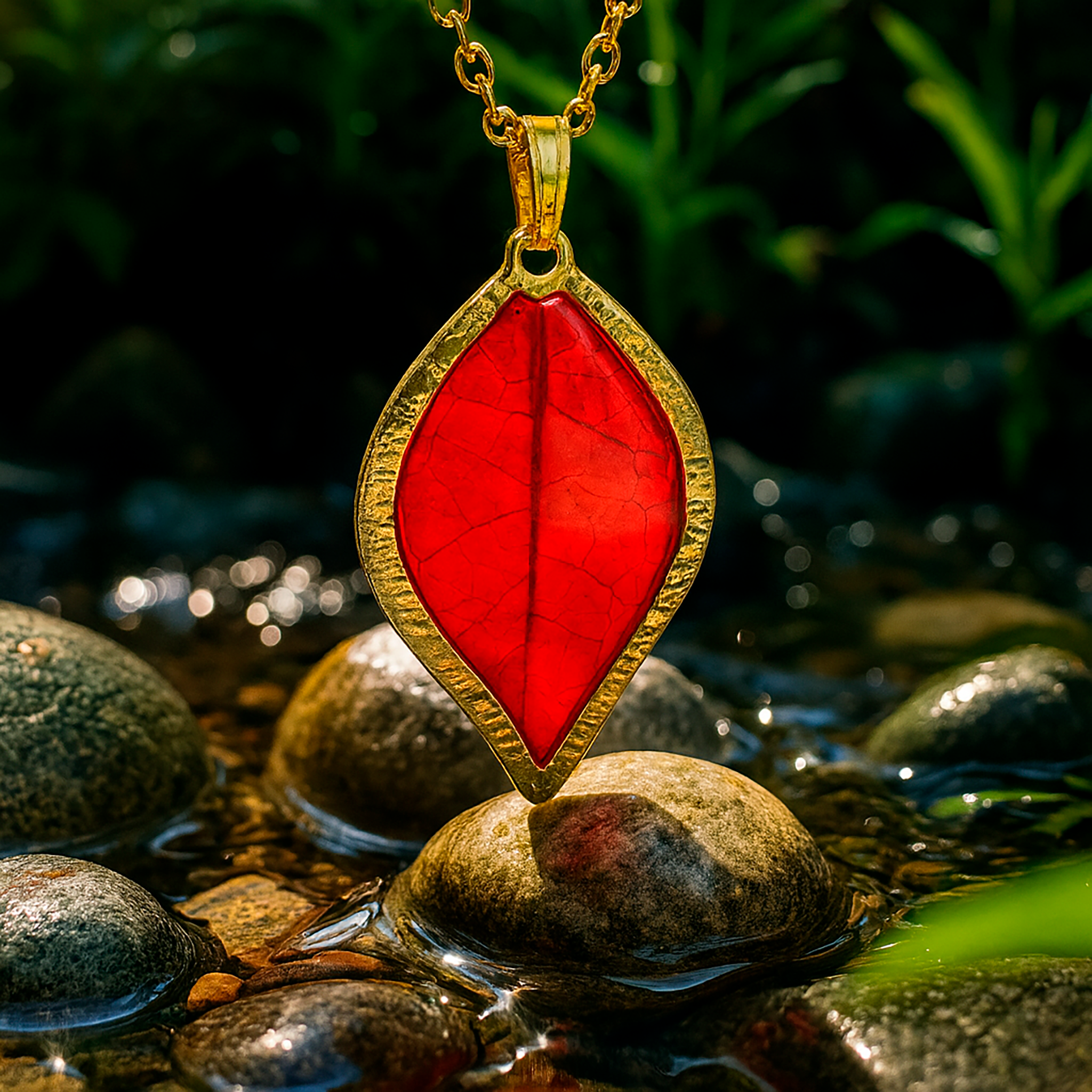 Collar de Acero Inoxidable Dorado con Hoja de Bugambilia Roja