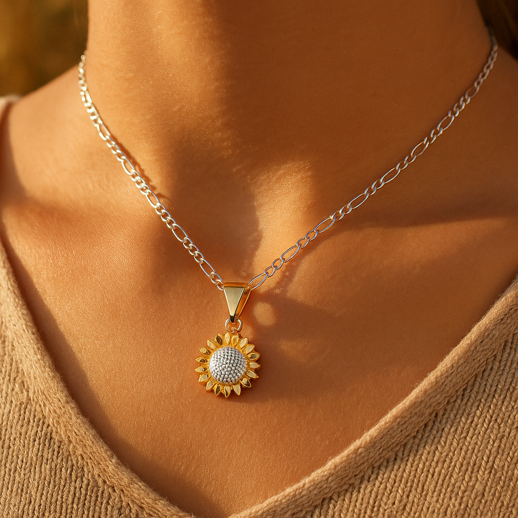 Collar Girasol en Plata y Oro 24K con Tarjeta "Tú sí eres bonita"