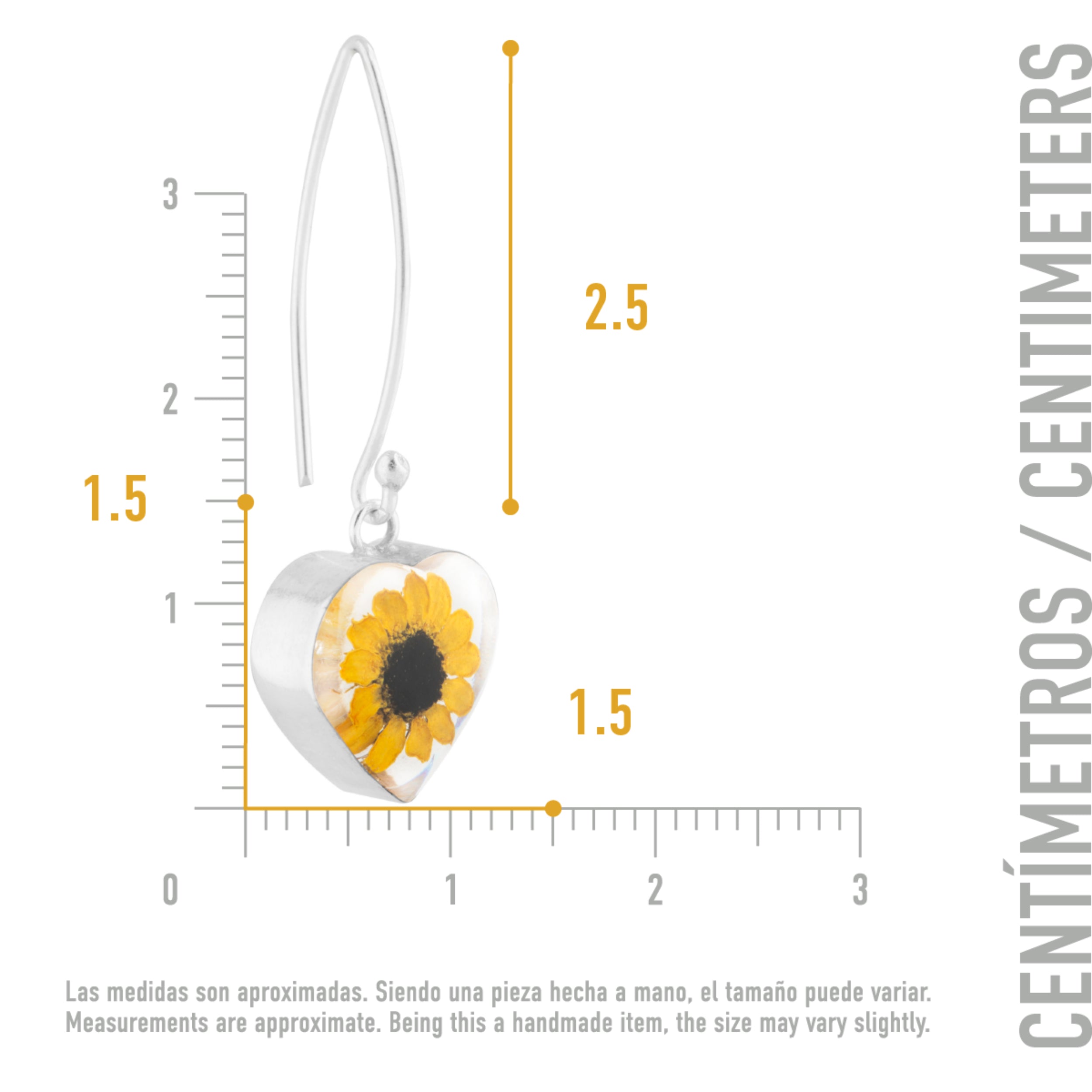 Aretes con Girasol Natural en Corazón de Plata 925