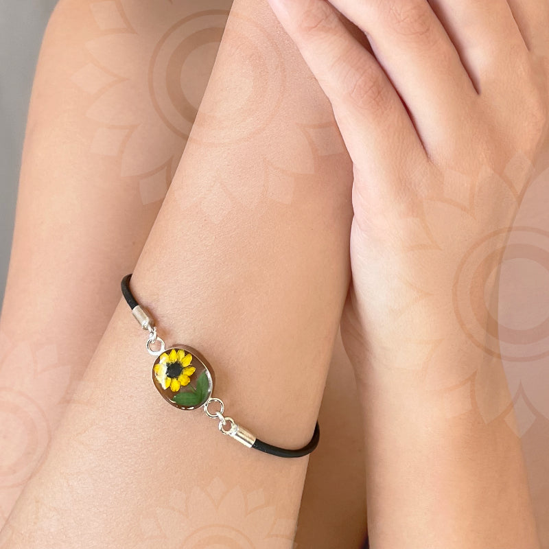 Pulsera con Girasol Natural en Plata 925 y Cuero Negro