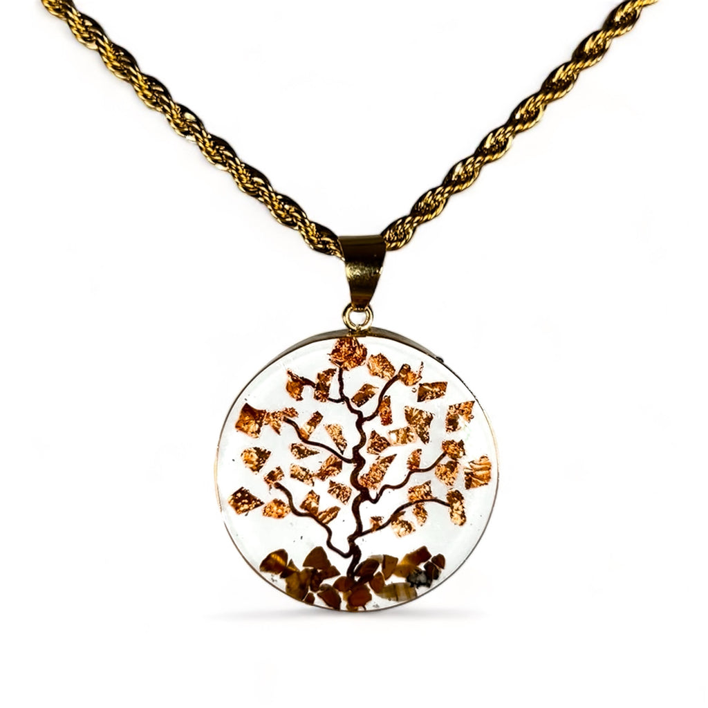 Collar Árbol de la Vida y la Abundancia en Baño de Oro de 14K con Piedras de Ojo de Tigre y Papel de Cobre