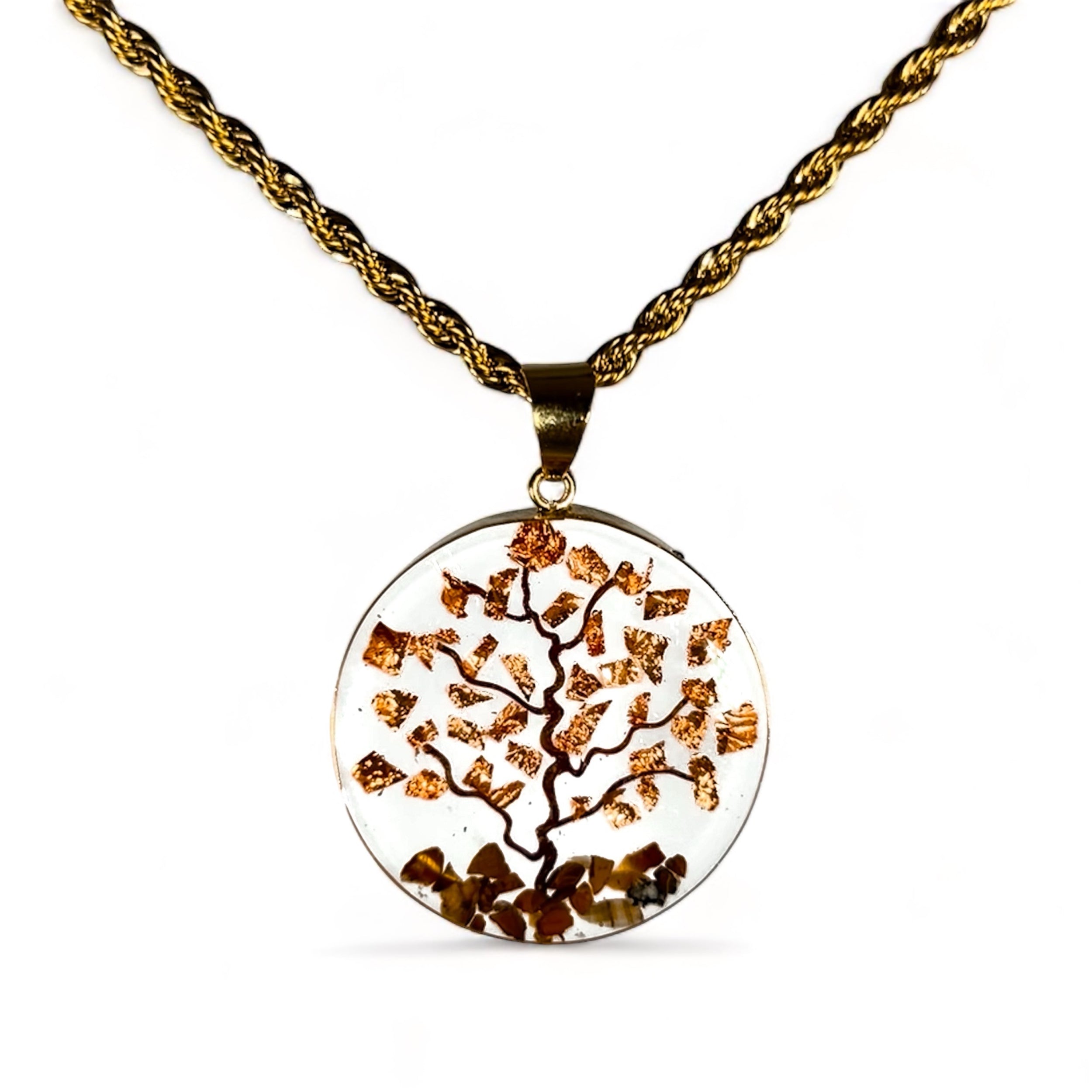 Collar Árbol de la Vida y la Abundancia en Baño de Oro de 14K con Piedras de Ojo de Tigre y Papel de Cobre
