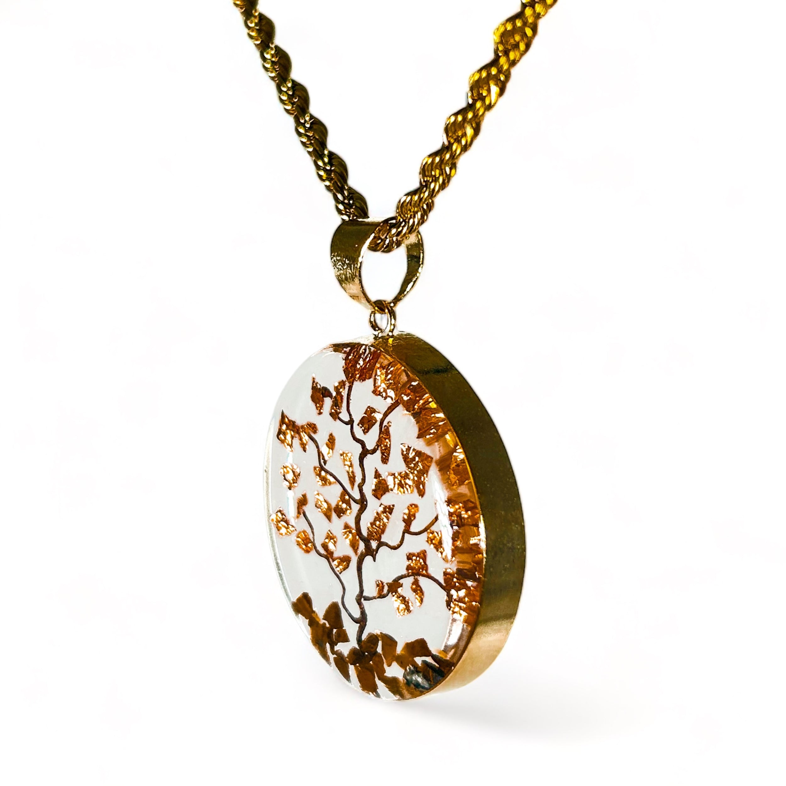 Collar Árbol de la Vida y la Abundancia en Baño de Oro de 14K con Piedras de Ojo de Tigre y Papel de Cobre