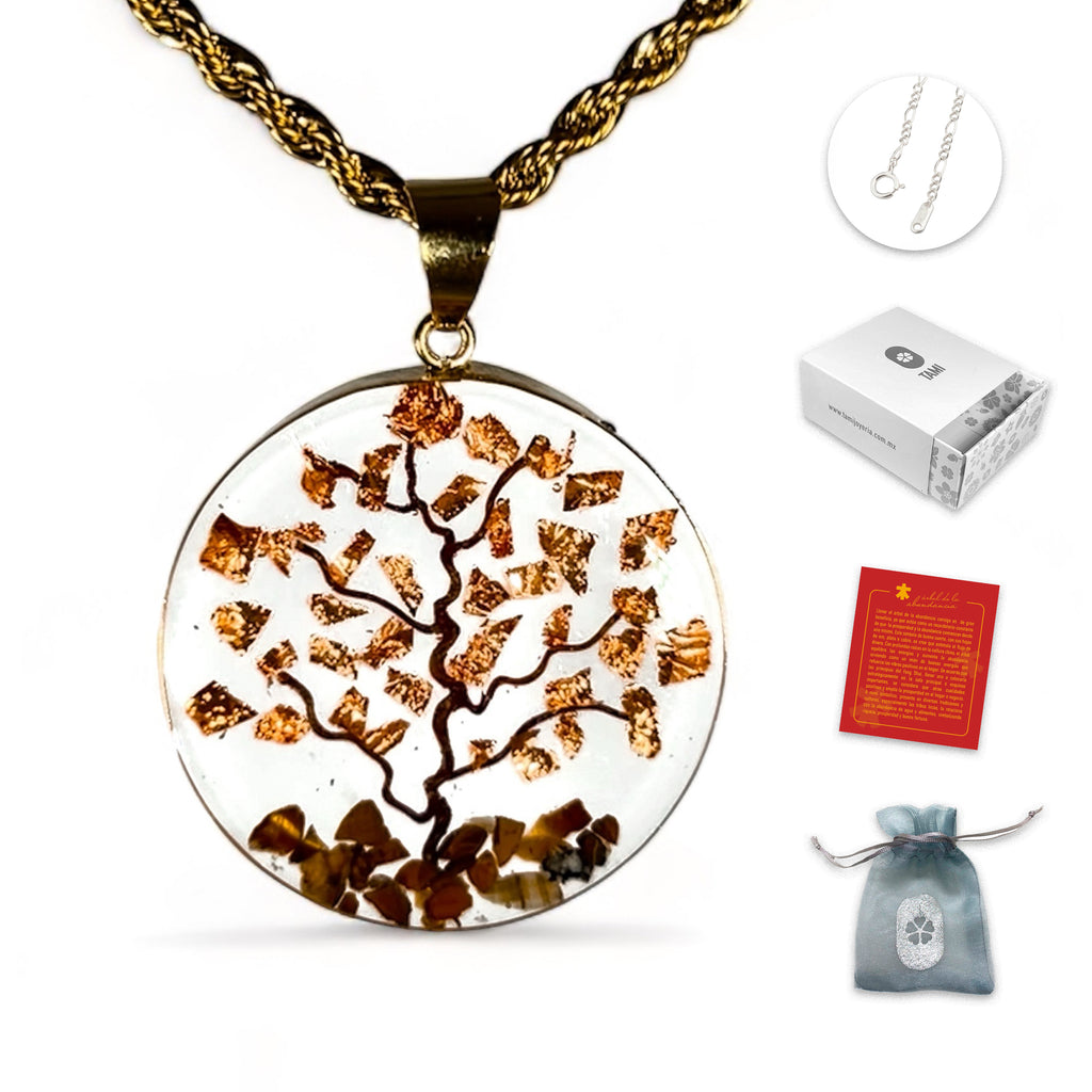 Collar Árbol de la Vida y la Abundancia en Baño de Oro de 14K con Piedras de Ojo de Tigre y Papel de Cobre