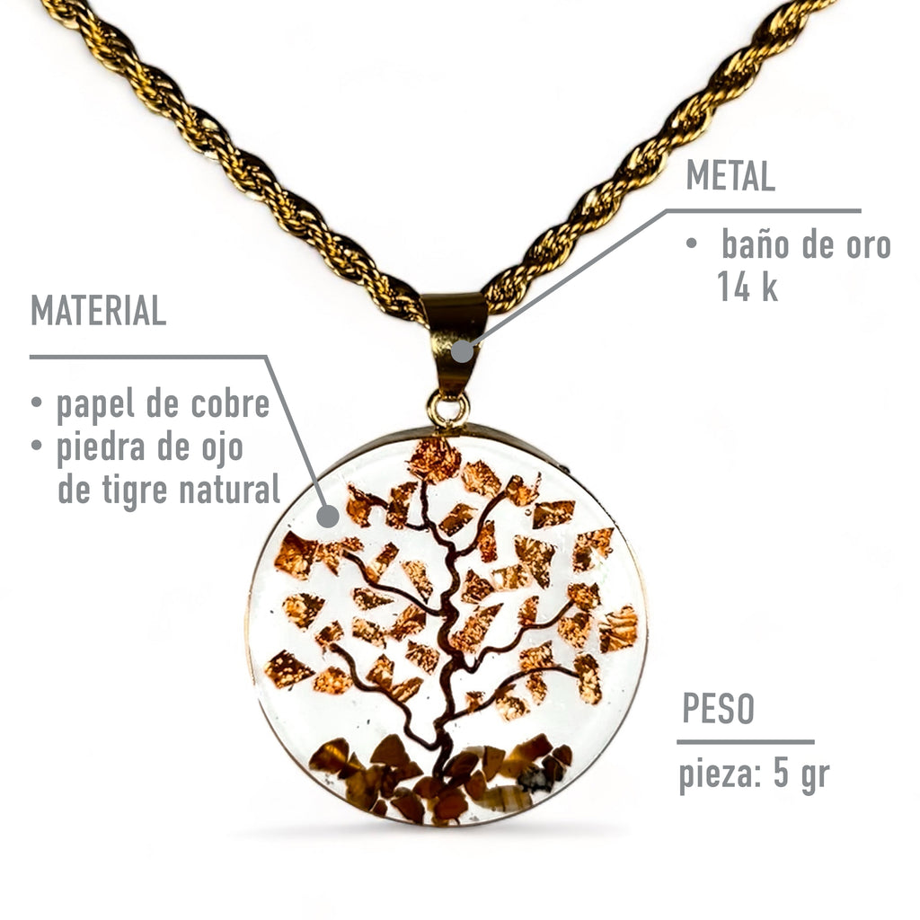 Collar Árbol de la Vida y la Abundancia en Baño de Oro de 14K con Piedras de Ojo de Tigre y Papel de Cobre