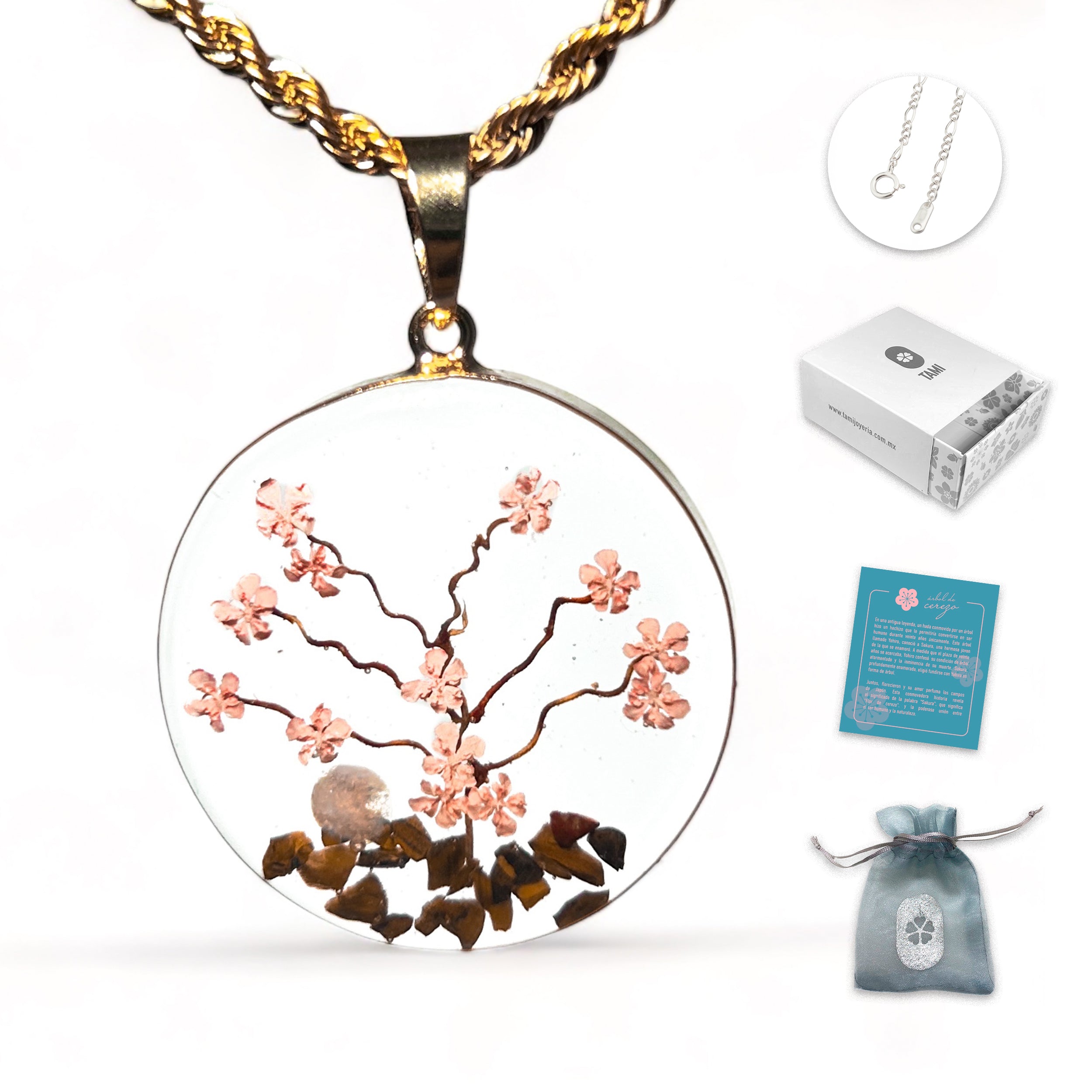 Collar Árbol de Cerezo Rosa en Baño de Oro de 14 K con Piedras de Ojo de Tigre y Flores Naturales