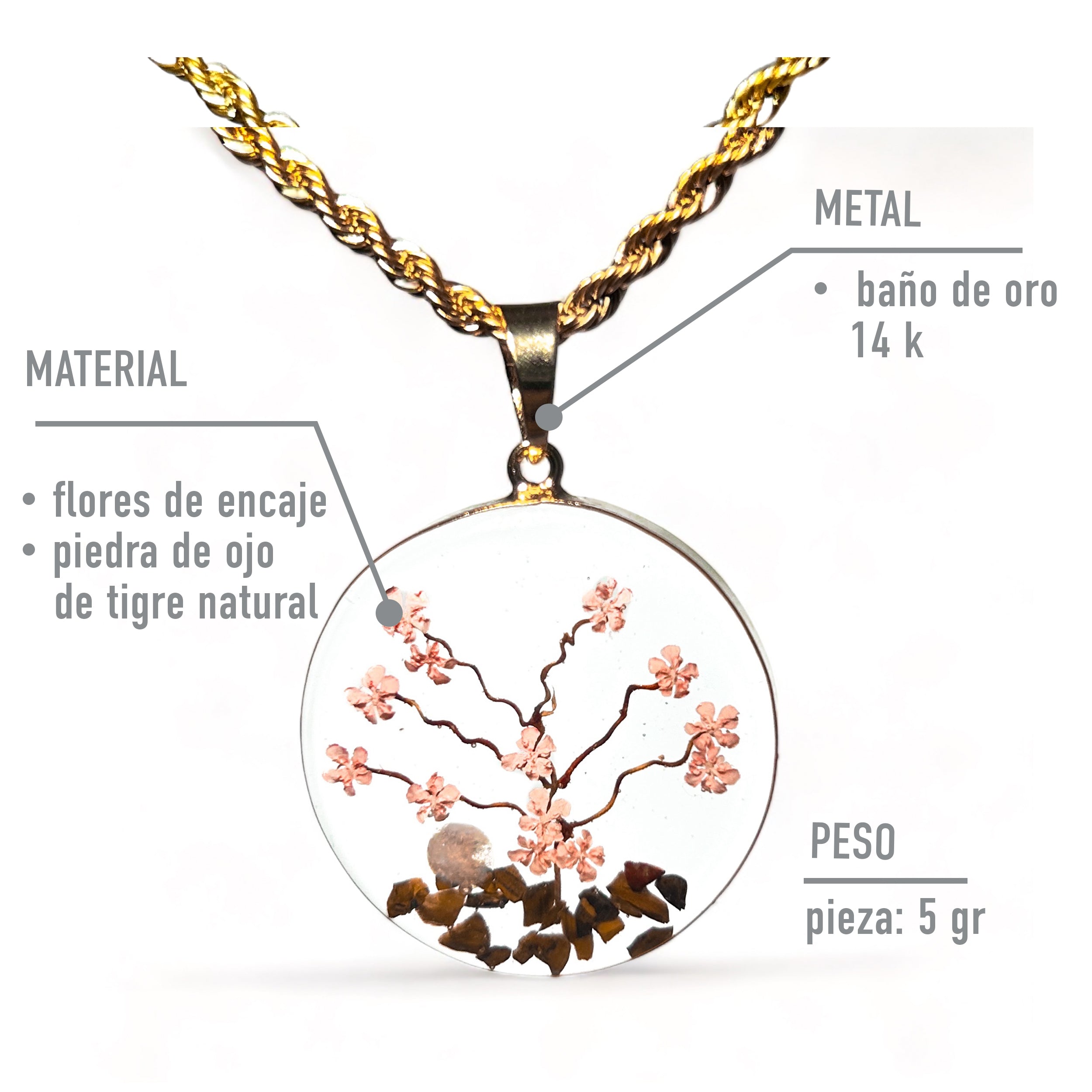 Collar Árbol de Cerezo Rosa en Baño de Oro de 14 K con Piedras de Ojo de Tigre y Flores Naturales