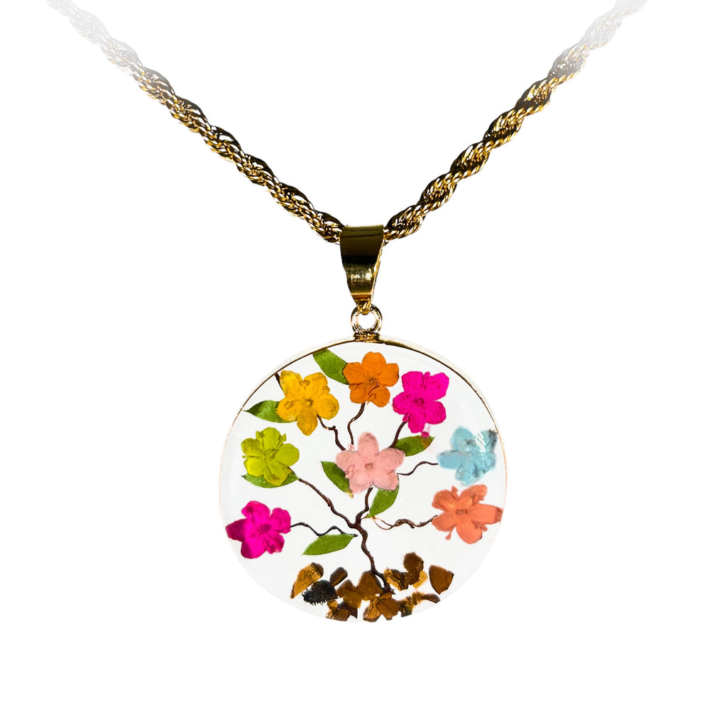 Collar Árbol de la Vida en Baño de Oro 14K con Flores de Sáuco, Piedras Naturales de Ojo de Tigre y Cadena de Acero Inoxidable