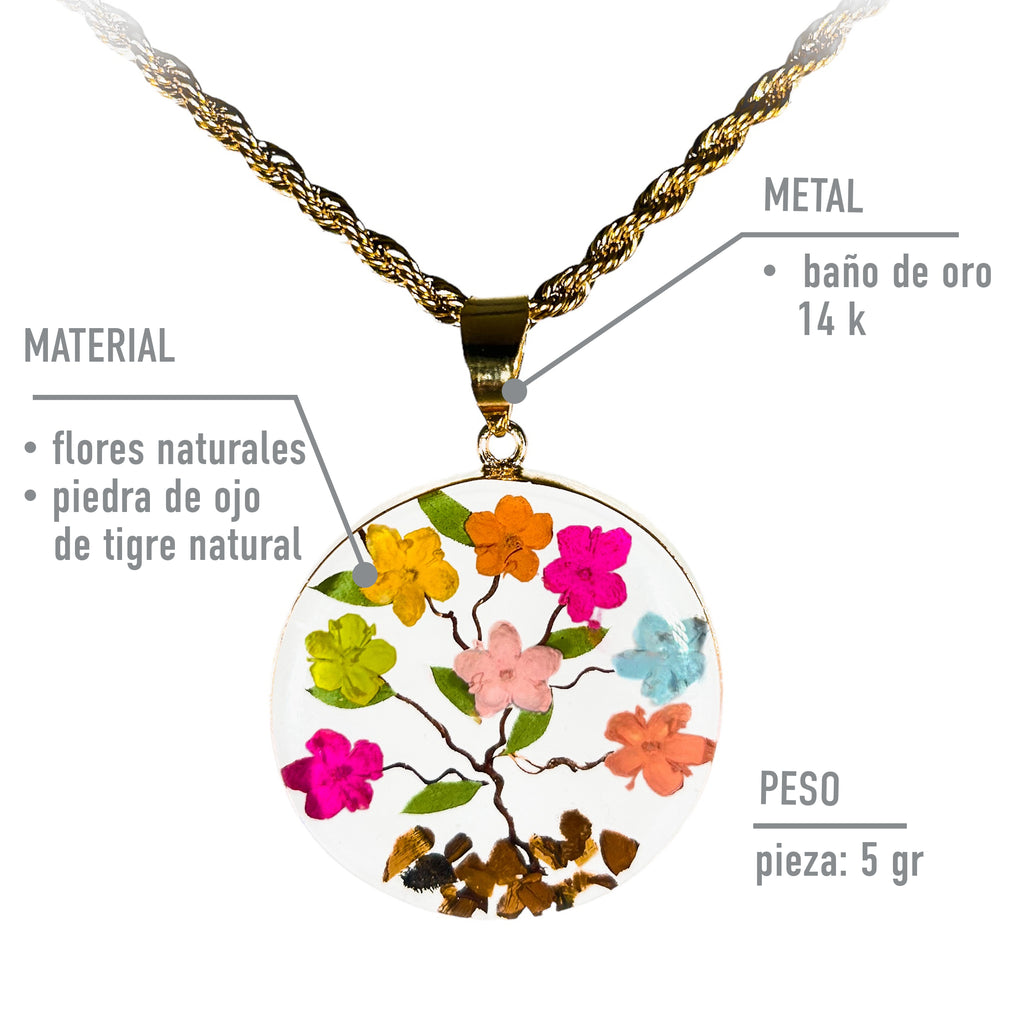 Collar Árbol de la Vida en Baño de Oro 14K con Flores de Sáuco, Piedras Naturales de Ojo de Tigre y Cadena de Acero Inoxidable