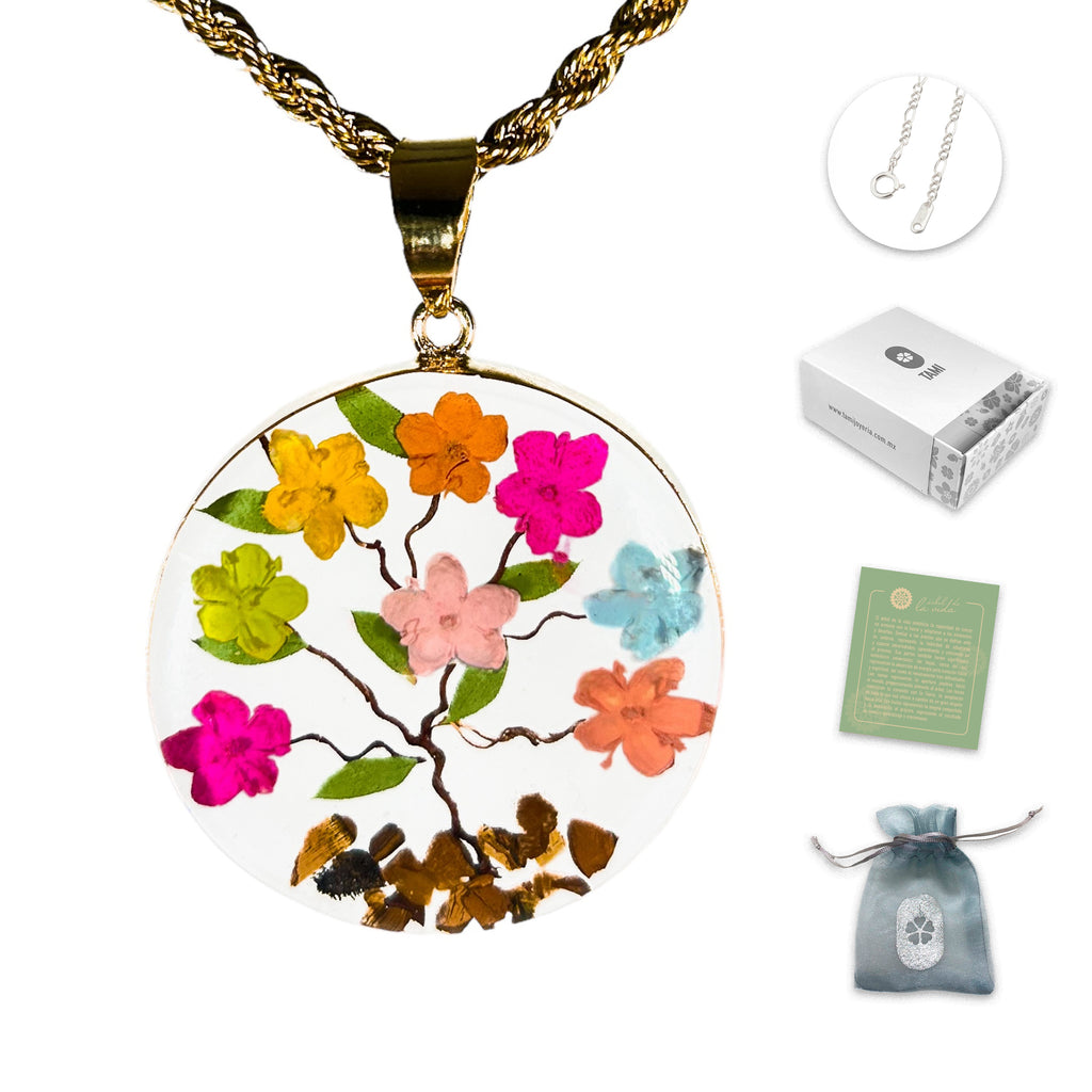 Collar Árbol de la Vida en Baño de Oro 14K con Flores de Sáuco, Piedras Naturales de Ojo de Tigre y Cadena de Acero Inoxidable