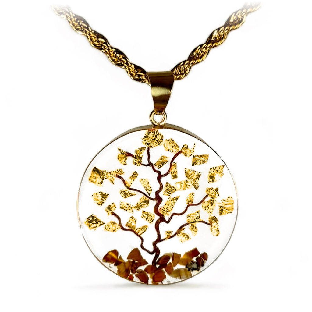 Collar Árbol de la Vida y la Abundancia en Baño de Oro de 14 K con Piedras Naturales y Papel de Oro