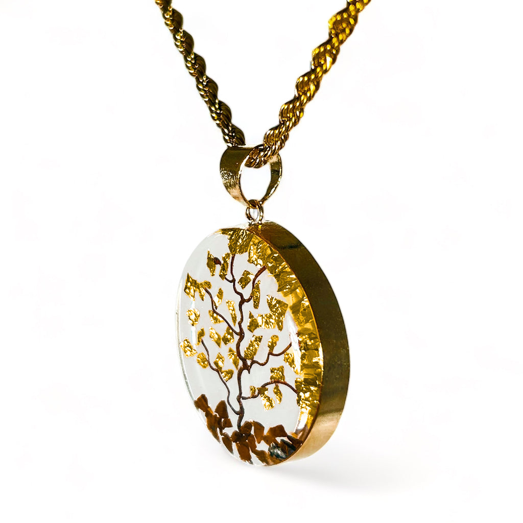 Collar Árbol de la Vida y la Abundancia en Baño de Oro de 14 K con Piedras Naturales y Papel de Oro