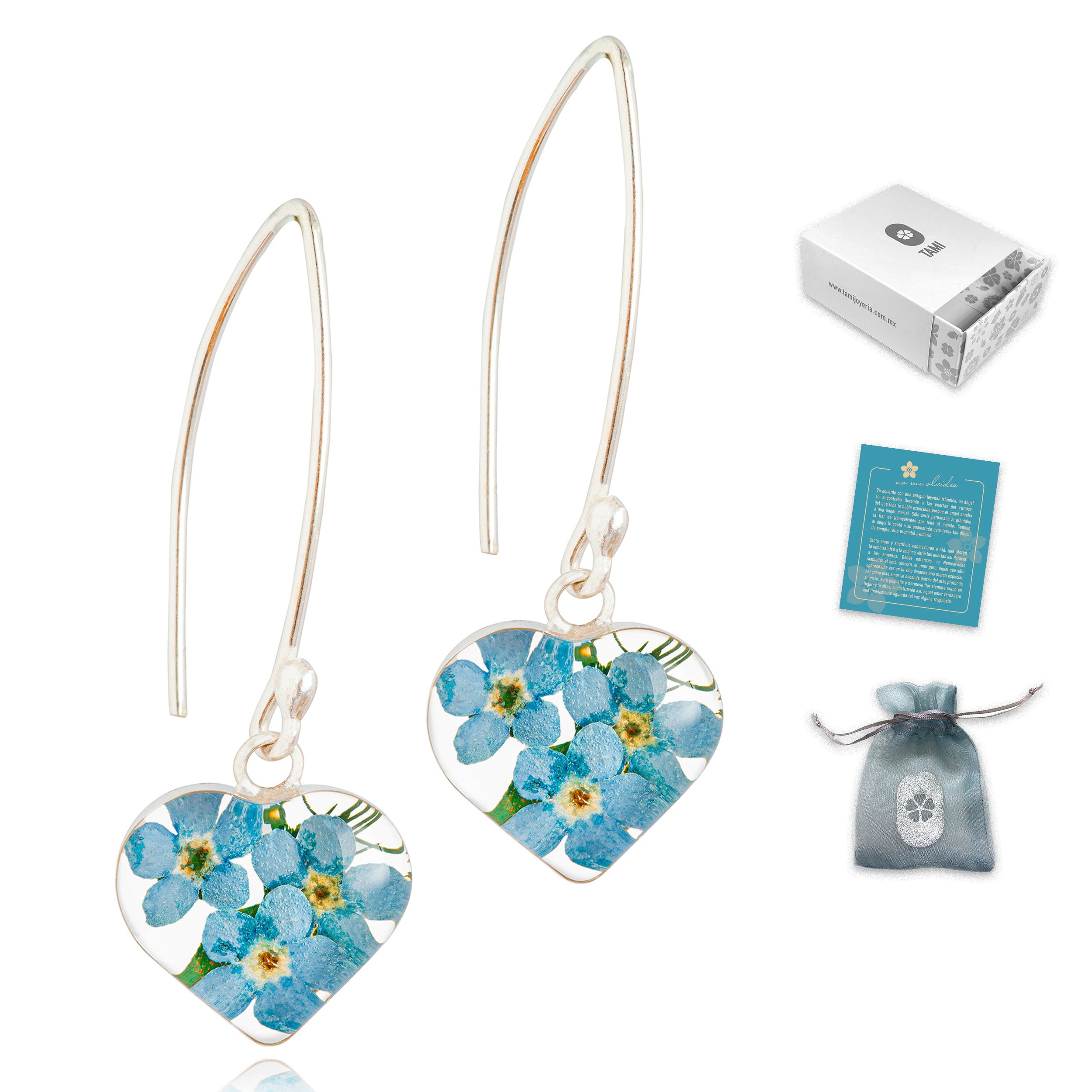 Aretes con Flores de Nomeolvides en Corazón de Plata