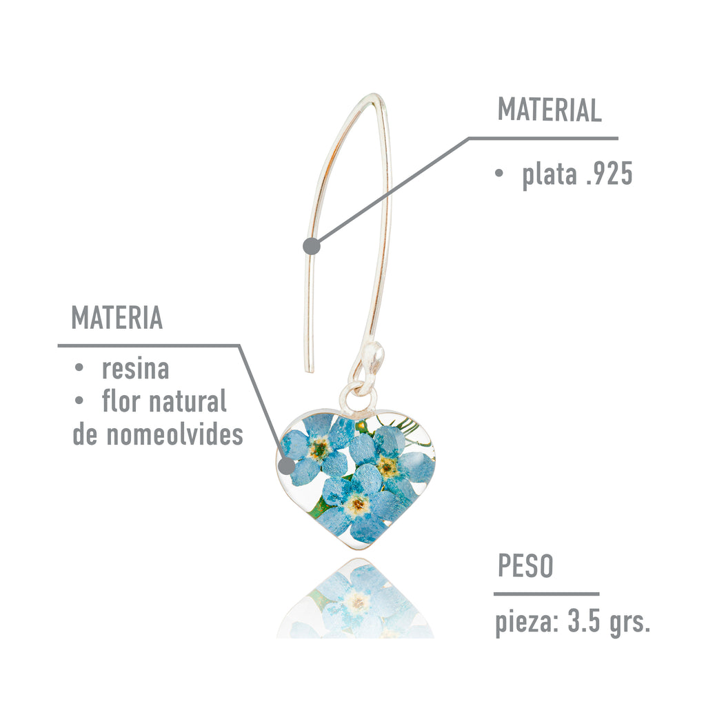 Aretes con Flores de Nomeolvides en Corazón de Plata