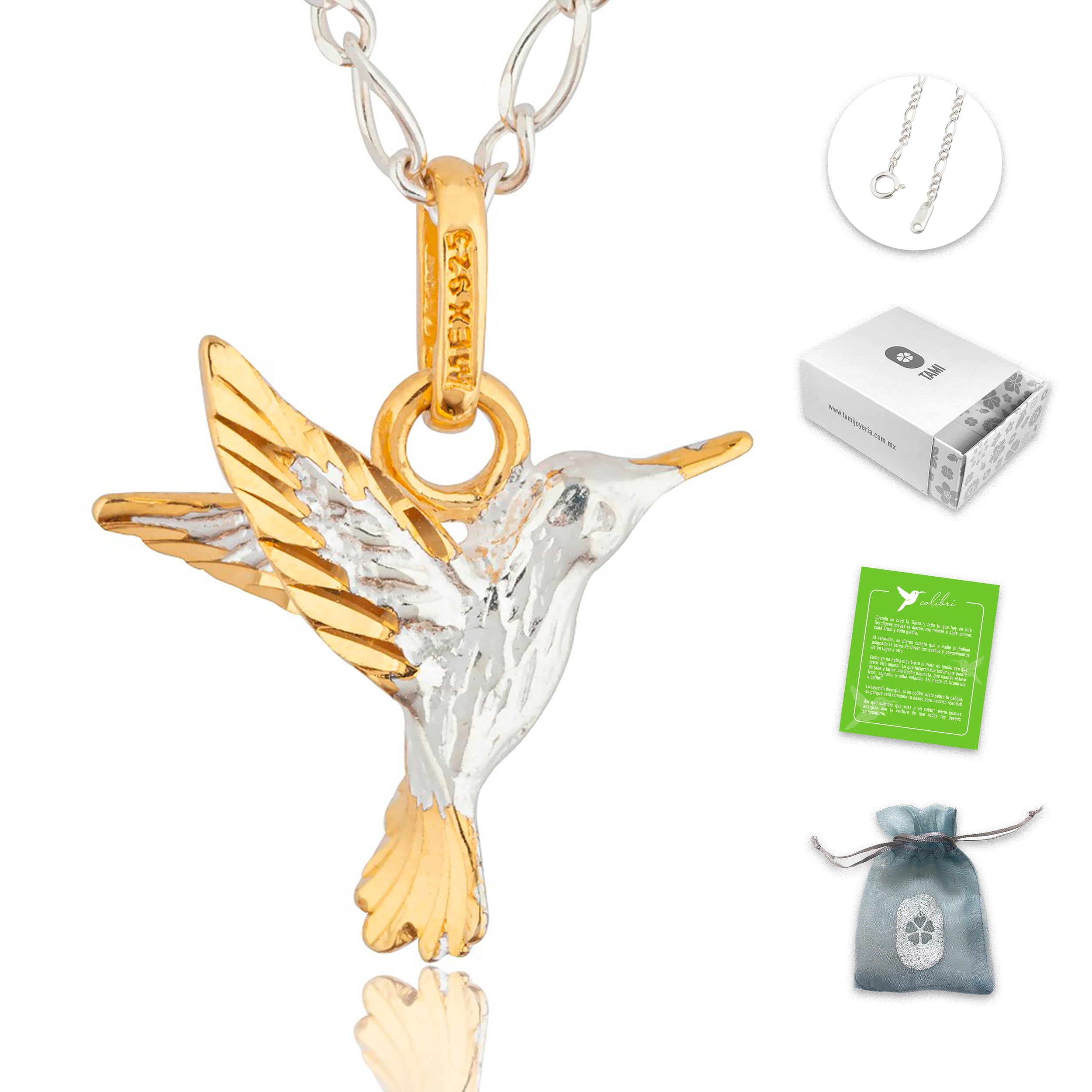 Collar de Colibrí en Plata 925 y Puntas con Baño de Oro 24K