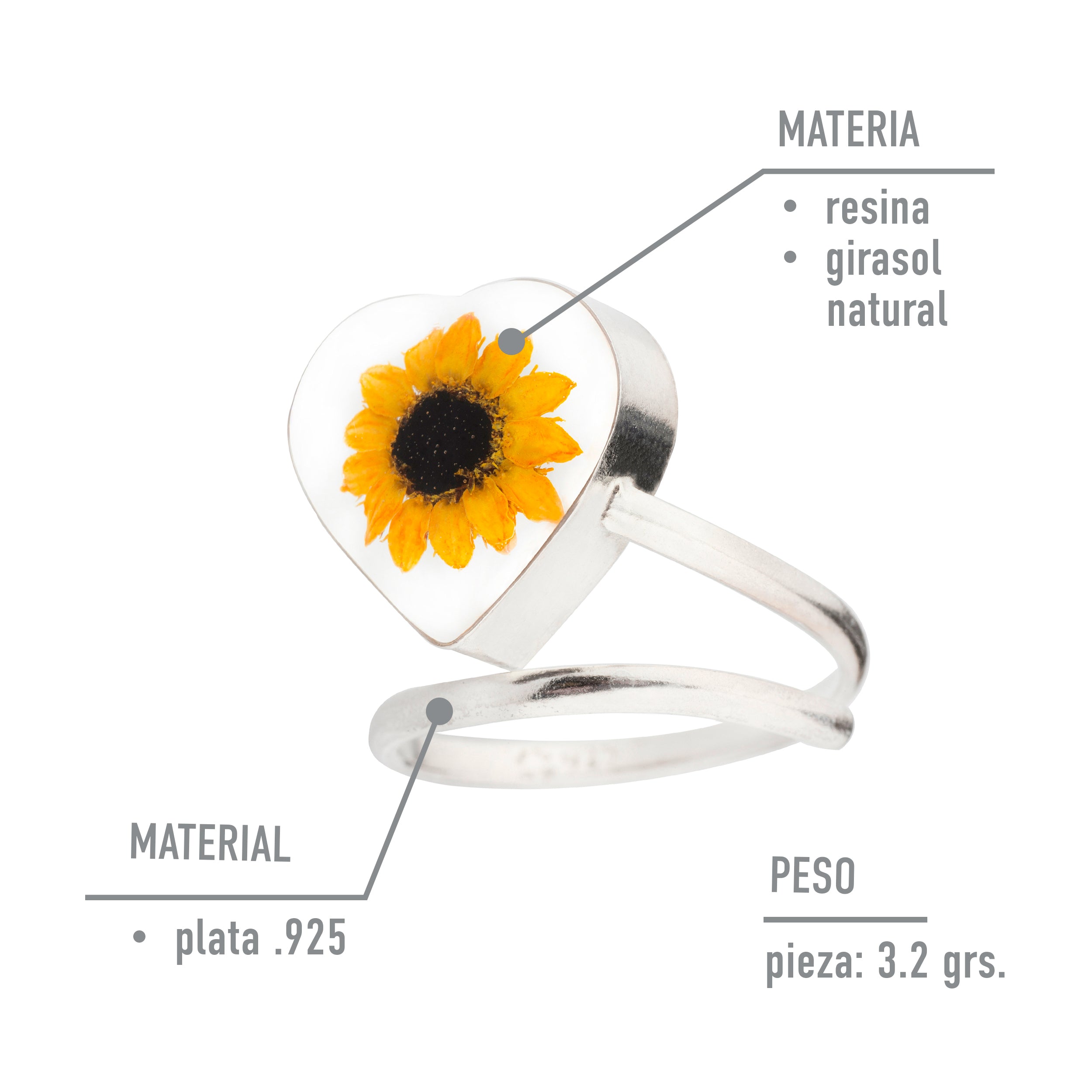 Anillo con Girasol en Corazón de Plata .925