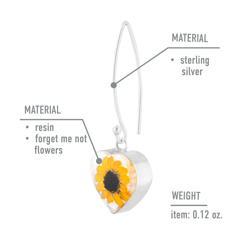 Aretes con Girasol Natural en Corazón de Plata 925