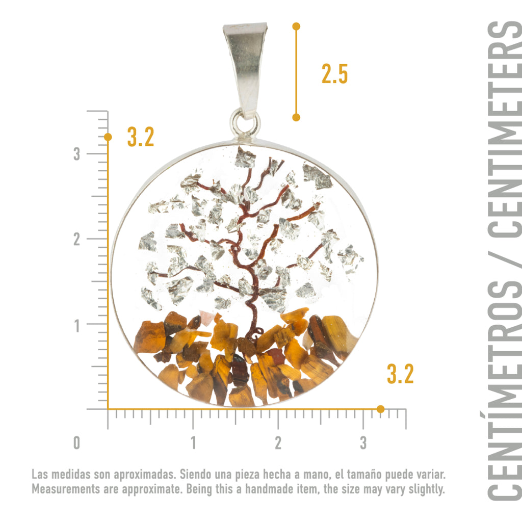 Collar Árbol de la Abundancia en Plata con Papel de Plata y Piedras Naturales de Ojo de Tigre