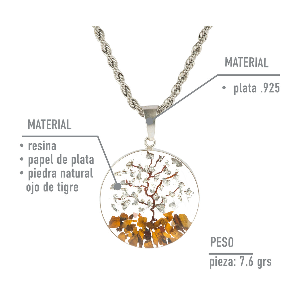 Collar Árbol de la Abundancia en Plata con Papel de Plata y Piedras Naturales de Ojo de Tigre