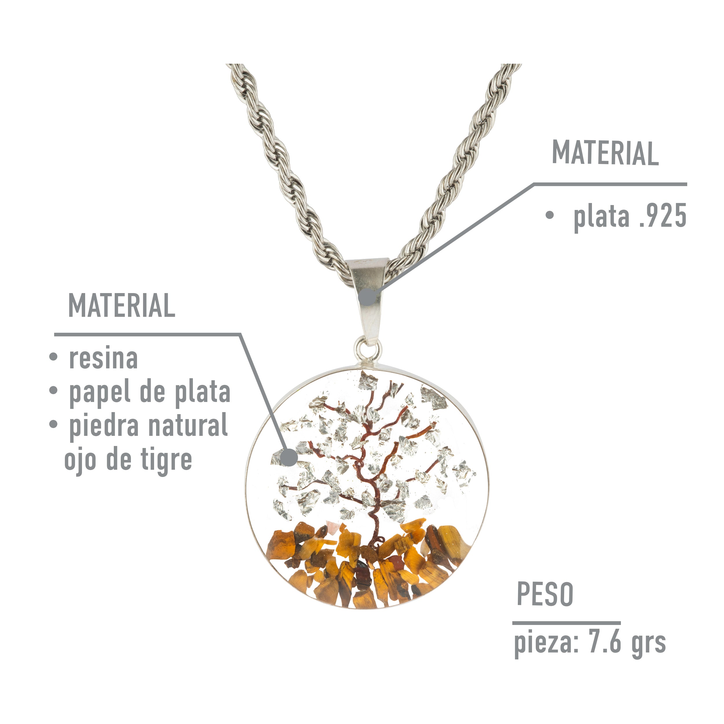 Collar Árbol de la Abundancia en Plata con Papel de Plata y Piedras Naturales de Ojo de Tigre
