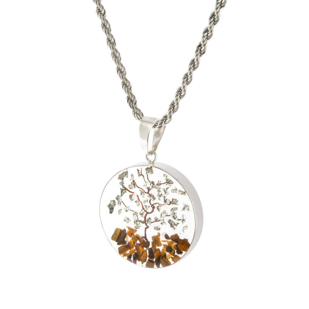 Collar Árbol de la Abundancia en Plata con Papel de Plata y Piedras Naturales de Ojo de Tigre