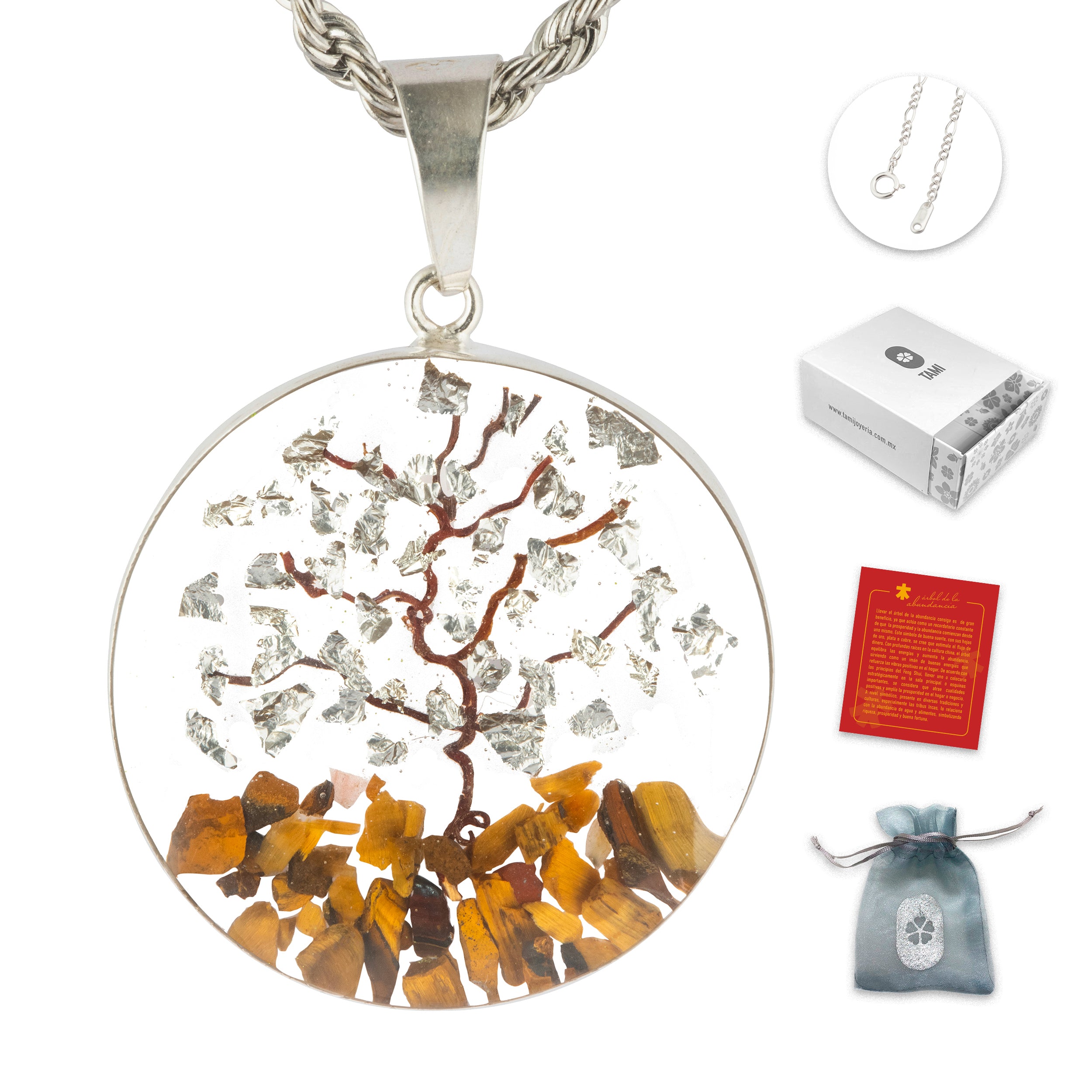 Collar Árbol de la Abundancia en Plata con Papel de Plata y Piedras Naturales de Ojo de Tigre