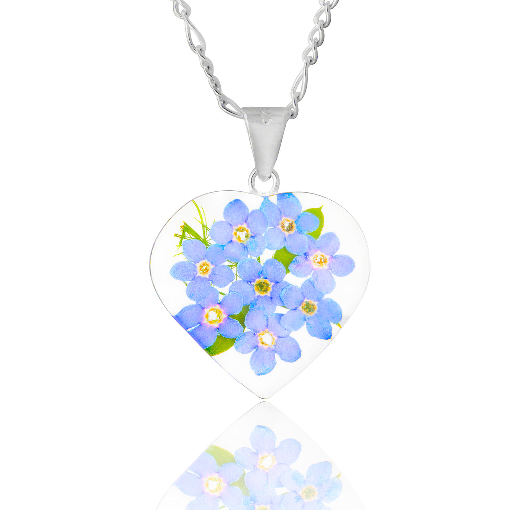 Collar con Flores Eternas de Nomeolvides en Corazón de Plata 925