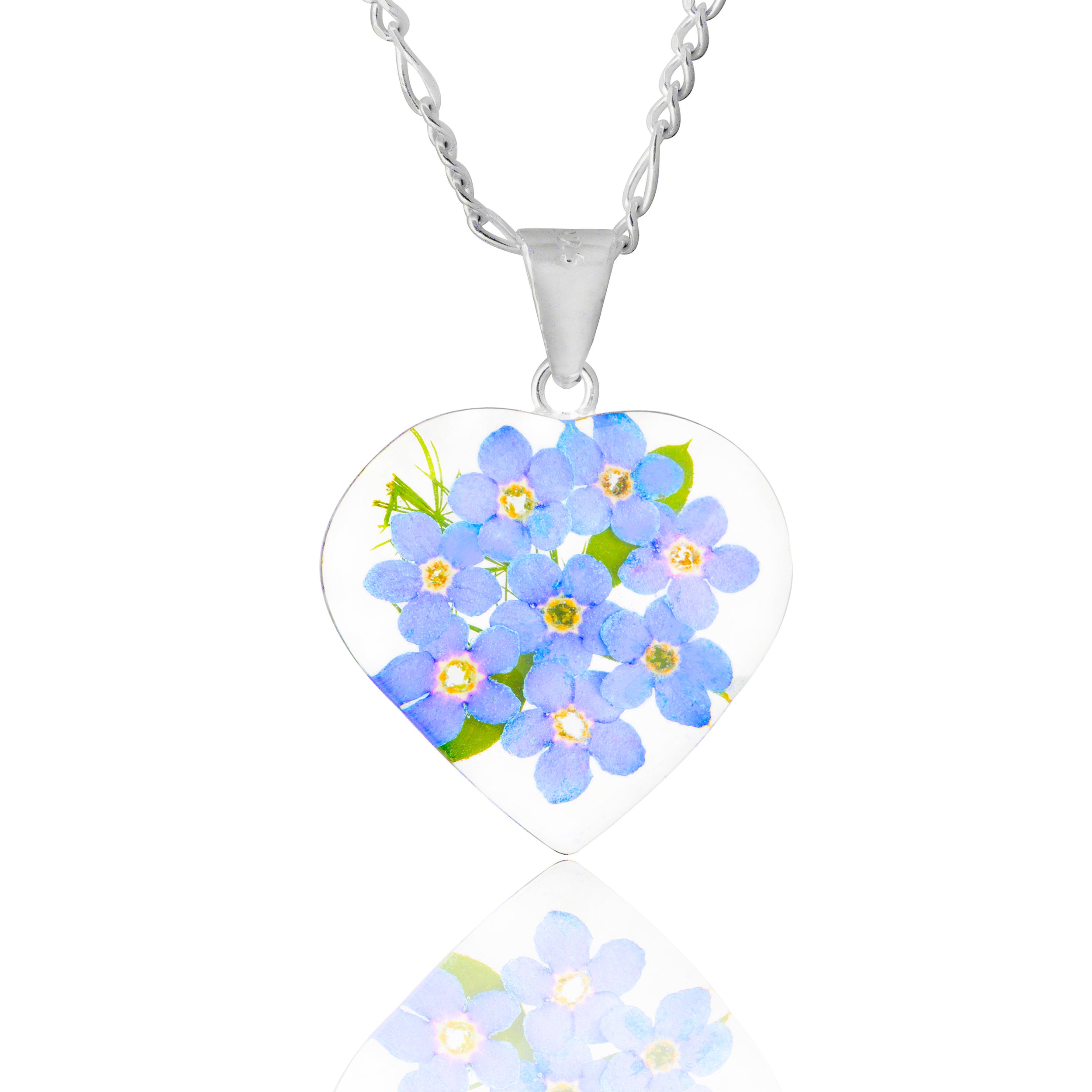 Collar con Flores Eternas de Nomeolvides en Corazón de Plata 925