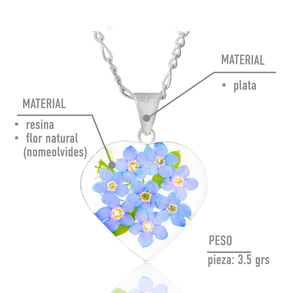 Collar con Flores Eternas de Nomeolvides en Corazón de Plata 925