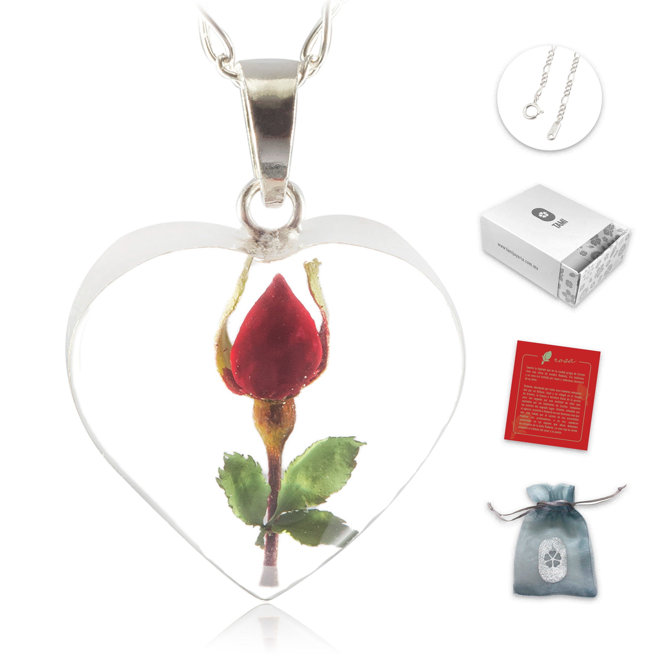 Collar de Corazón de Plata con Rosa Natural